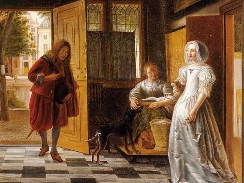 1627-Samuel van Hoogstraten - Donna che accoglie un uomo alla porta